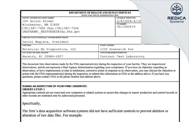 FDA 483 - Molecular MS Diagnostics, LLC [Warwick / United States of America] - Download PDF - Redica Systems