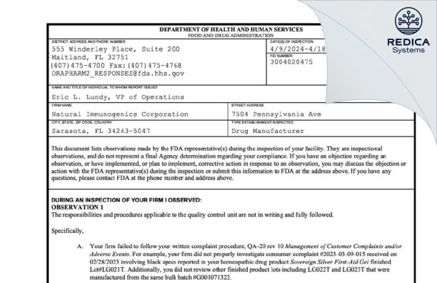 FDA 483 - Natural Immunogenics Corporation [Sarasota / United States of America] - Download PDF - Redica Systems