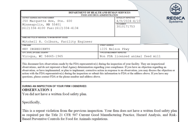 FDA 483 - KEY INGREDIENTS, LLC [Viroqua / United States of America] - Download PDF - Redica Systems