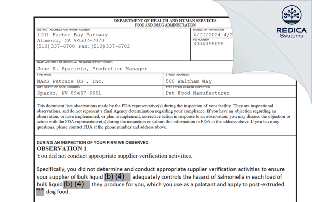 FDA 483 - MARS Petcare US , Inc. [Sparks / United States of America] - Download PDF - Redica Systems