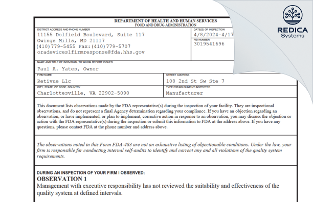 FDA 483 - Retivue Llc [Charlottesville / United States of America] - Download PDF - Redica Systems