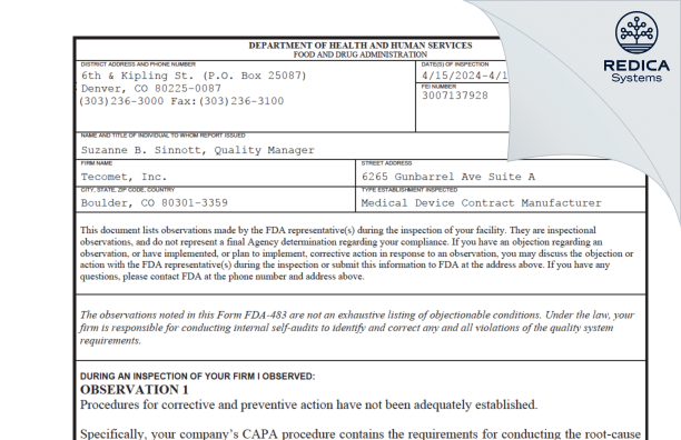 FDA 483 - Tecomet, Inc. [Boulder / United States of America] - Download PDF - Redica Systems