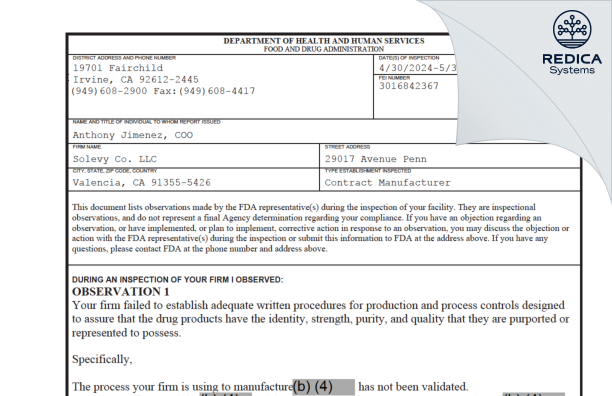 FDA 483 - Solevy Co. LLC [Valencia / United States of America] - Download PDF - Redica Systems