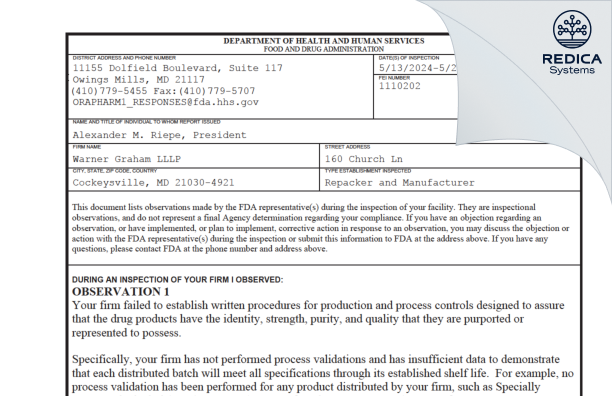 FDA 483 - Warner Graham LLLP [Cockeysville / United States of America] - Download PDF - Redica Systems