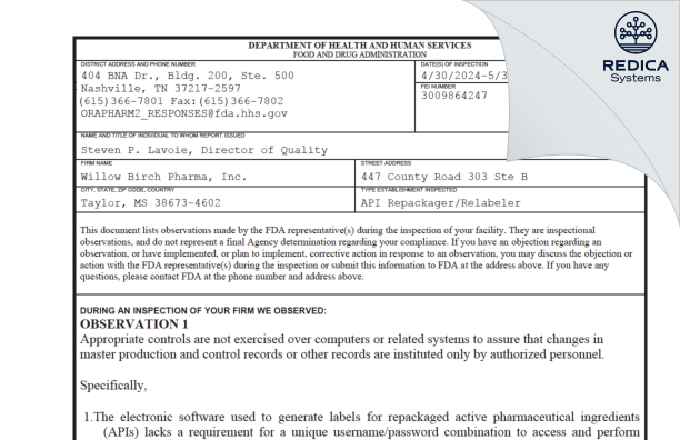 FDA 483 - Willow Birch Pharma Inc [Taylor / United States of America] - Download PDF - Redica Systems