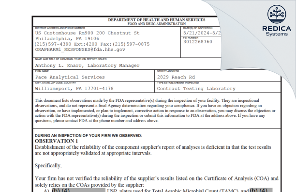 FDA 483 - Pace Analytical Services, LLC [Williamsport / United States of America] - Download PDF - Redica Systems