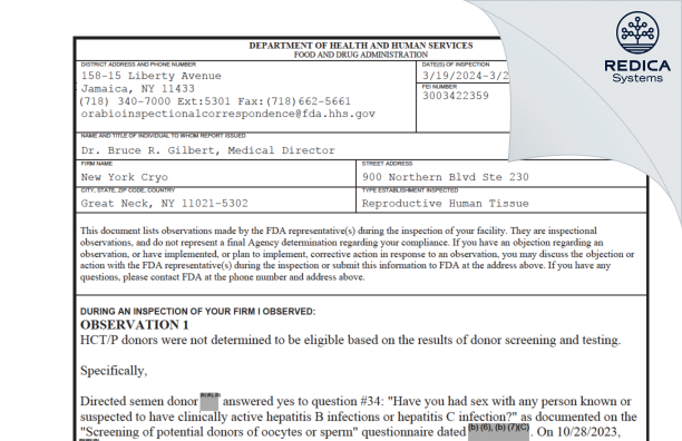 FDA 483 - New York Cryo [Great Neck / United States of America] - Download PDF - Redica Systems