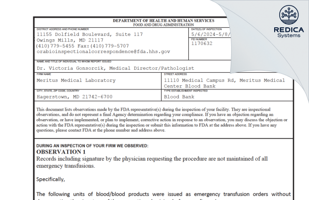 FDA 483 - Meritus Medical Laboratory [Hagerstown / United States of America] - Download PDF - Redica Systems