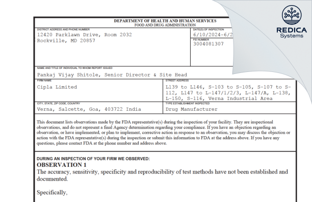 FDA 483 - Cipla Ltd. [Gounlloy / India] - Download PDF - Redica Systems