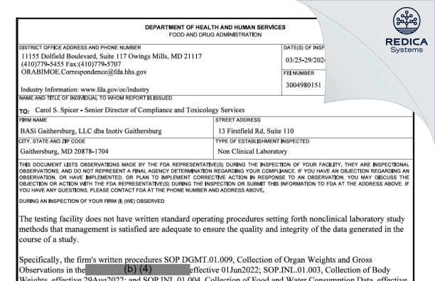 FDA 483 - BASi Gaithersburg, LLC [Gaithersburg / United States of America] - Download PDF - Redica Systems