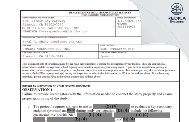 FDA 483 - CymaBay Therapeutics, Inc. [Fremont / United States of America] - Download PDF - Redica Systems