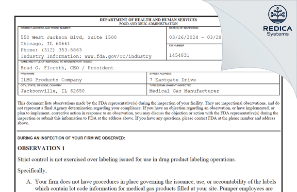 FDA 483 - ILMO Products Company [Jacksonville / United States of America] - Download PDF - Redica Systems