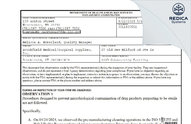 FDA 483 - Brookfield Medical/Surgical Supplies, Inc. [Brookfield / United States of America] - Download PDF - Redica Systems