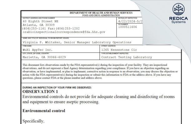 FDA 483 - WuXi AppTec Inc. [Marietta / United States of America] - Download PDF - Redica Systems