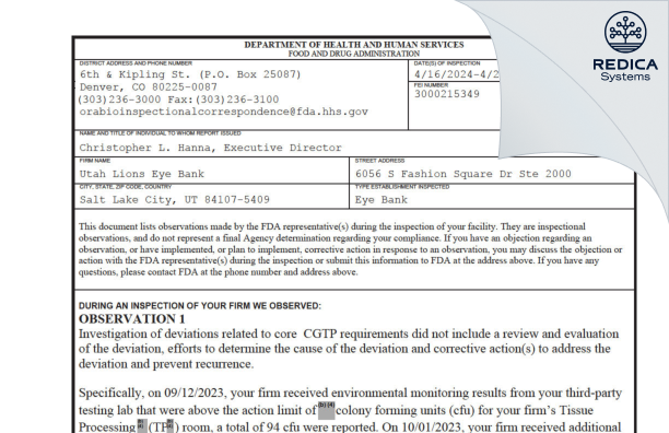 FDA 483 - Utah Lions Eye Bank [Salt Lake City / United States of America] - Download PDF - Redica Systems