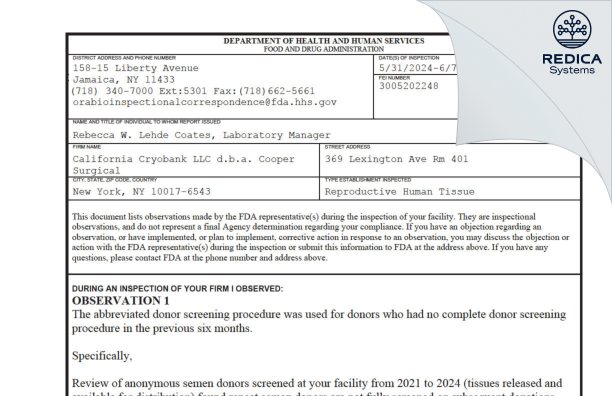 FDA 483 - California Cryobank LLC d.b.a. Cooper Surgical [New York / United States of America] - Download PDF - Redica Systems