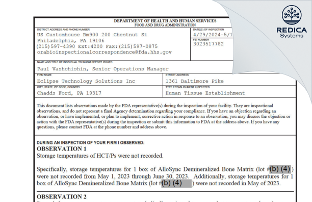 FDA 483 - Eclipse Technology Solutions Inc [Chadds Ford / United States of America] - Download PDF - Redica Systems