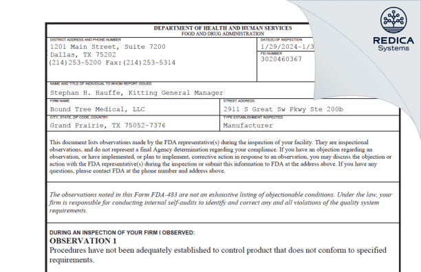 FDA 483 - Bound Tree Medical, LLC [Grand Prairie / United States of America] - Download PDF - Redica Systems