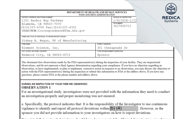 FDA 483 - Element Science, Inc. [Redwood City / United States of America] - Download PDF - Redica Systems