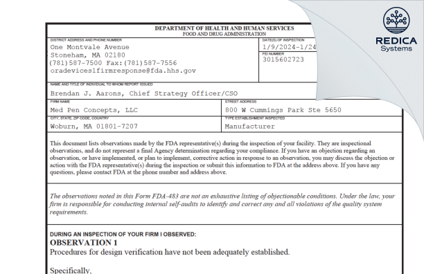 FDA 483 - Med Pen Concepts, LLC [Woburn / United States of America] - Download PDF - Redica Systems