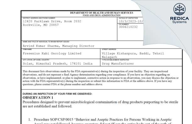 FDA 483 - Fresenius Kabi Oncology Limited [Nalagarh / India] - Download PDF - Redica Systems