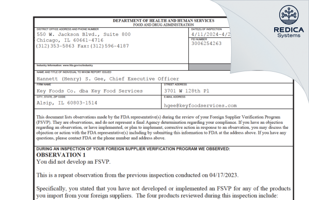 FDA 483 - Key Foods Co. dba Key Food Services [Alsip / United States of America] - Download PDF - Redica Systems