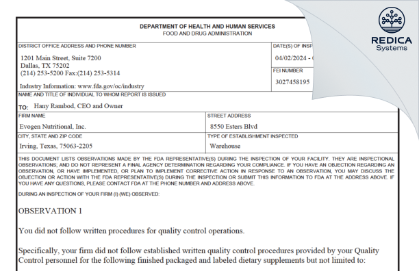 FDA 483 - Evogen Nutrition Inc. [Irving / United States of America] - Download PDF - Redica Systems