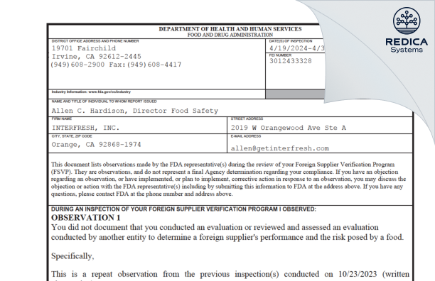 FDA 483 - INTERFRESH, INC. [Orange / United States of America] - Download PDF - Redica Systems