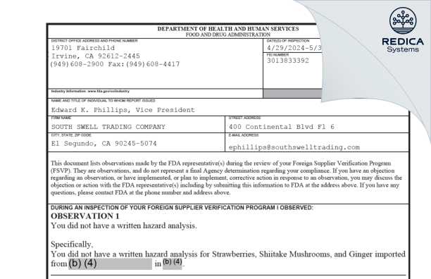 FDA 483 - SOUTH SWELL TRADING COMPANY [El Segundo / United States of America] - Download PDF - Redica Systems