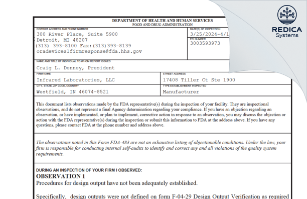 FDA 483 - Infrared Laboratories, LLC [Westfield / United States of America] - Download PDF - Redica Systems