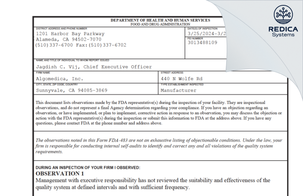 FDA 483 - Algomedica, Inc. [Sunnyvale / United States of America] - Download PDF - Redica Systems