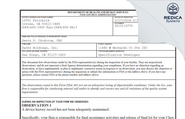 FDA 483 - Sacks Holdings, Inc. [San Diego / United States of America] - Download PDF - Redica Systems