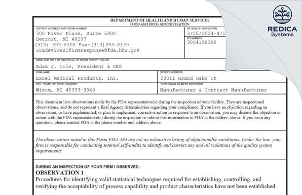 FDA 483 - Excel Medical Products, Inc. [Wixom / United States of America] - Download PDF - Redica Systems