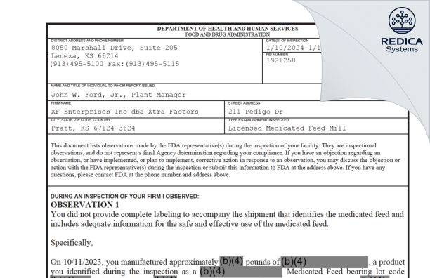 FDA 483 - Xtra Factors [Pratt / United States of America] - Download PDF - Redica Systems