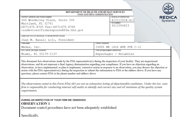 FDA 483 - Medas, Inc. [Miami / United States of America] - Download PDF - Redica Systems