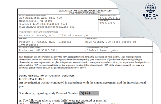 FDA 483 - Patrick S. Kamath, M.D., Clinical Investigator [Rochester / United States of America] - Download PDF - Redica Systems