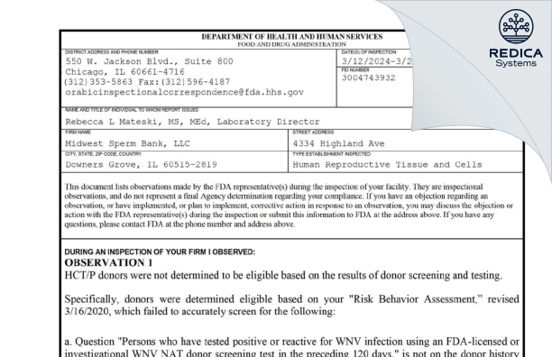 FDA 483 - Midwest Sperm Bank, LLC [Downers Grove / United States of America] - Download PDF - Redica Systems