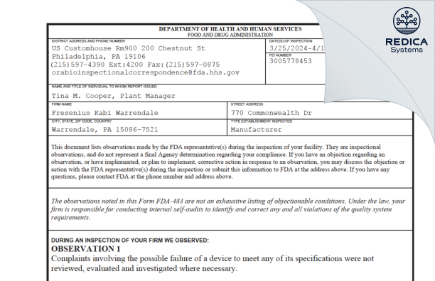 FDA 483 - Fresenius Kabi Warrendale [Warrendale / United States of America] - Download PDF - Redica Systems