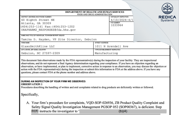 FDA 483 - GlaxoSmithKline LLC [Zebulon / United States of America] - Download PDF - Redica Systems