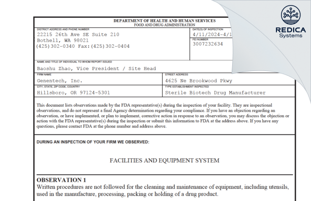 FDA 483 - Genentech, Inc. [Hillsboro / United States of America] - Download PDF - Redica Systems