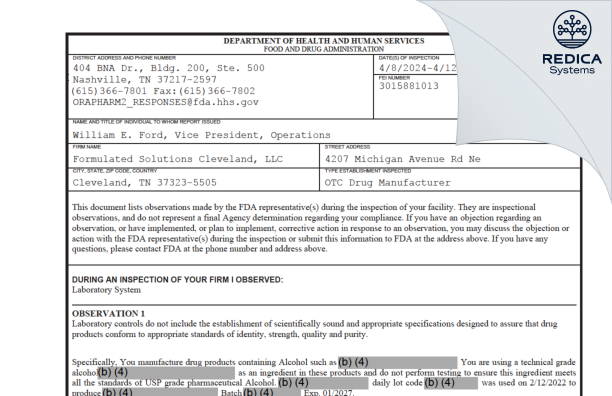 FDA 483 - Formulated Solutions Cleveland, LLC [Cleveland / United States of America] - Download PDF - Redica Systems