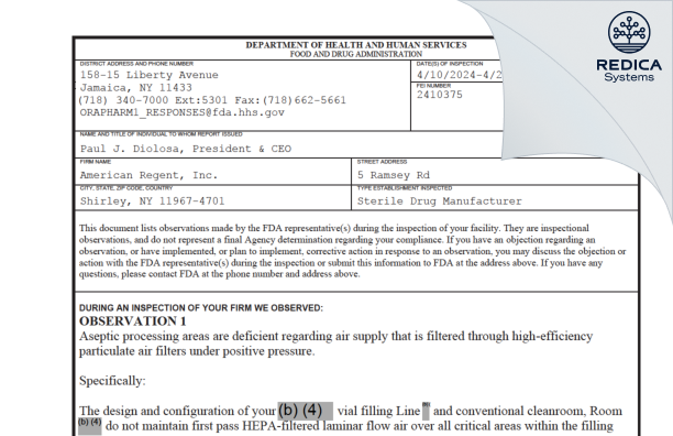 FDA 483 - American Regent, Inc. [Shirley / United States of America] - Download PDF - Redica Systems