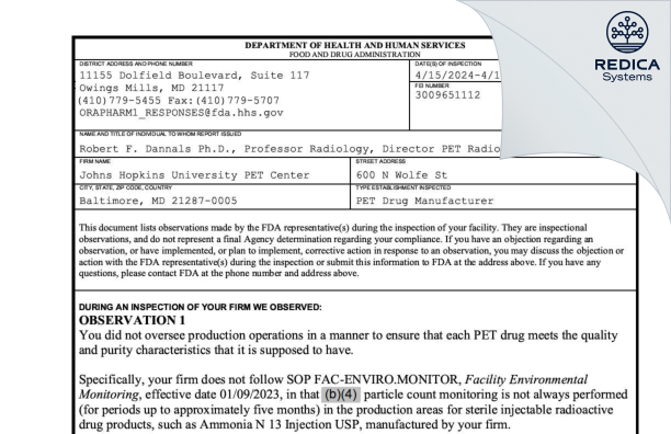 FDA 483 - Johns Hopkins University, The [Baltimore / United States of America] - Download PDF - Redica Systems