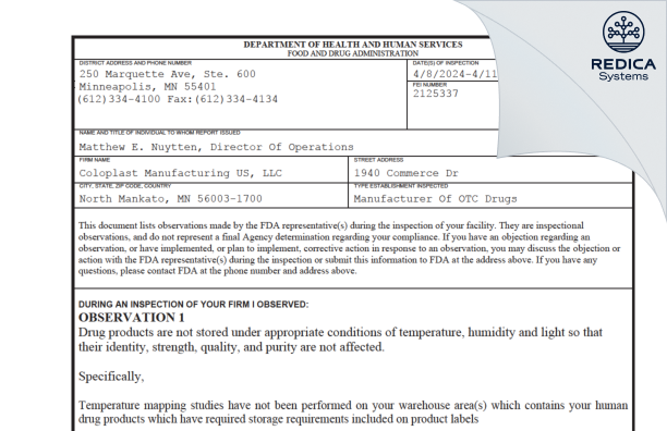 FDA 483 - Coloplast Corp [North Mankato / United States of America] - Download PDF - Redica Systems