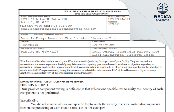 FDA 483 - Bloodworks [Seattle / United States of America] - Download PDF - Redica Systems