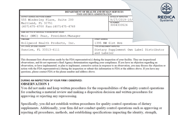 FDA 483 - Hollywood Health Products, Inc. [Sunrise / United States of America] - Download PDF - Redica Systems