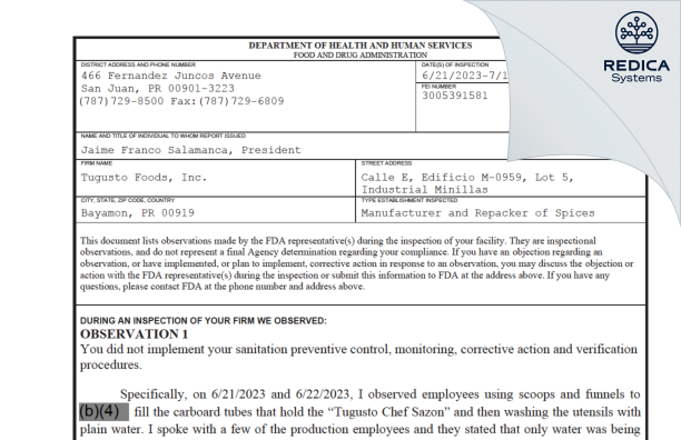 FDA 483 - Tugusto Foods, Inc. [Minillas / Puerto Rico] - Download PDF - Redica Systems