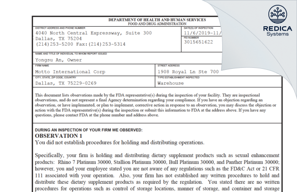 FDA 483 - Motto International Corp [Dallas / United States of America] - Download PDF - Redica Systems