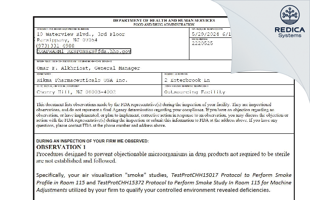 FDA 483 - Hikma Pharmaceuticals USA Inc. [Cherry Hill / United States of America] - Download PDF - Redica Systems