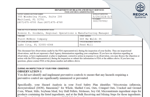 FDA 483 - Furst-McNess Company [Lake City / United States of America] - Download PDF - Redica Systems